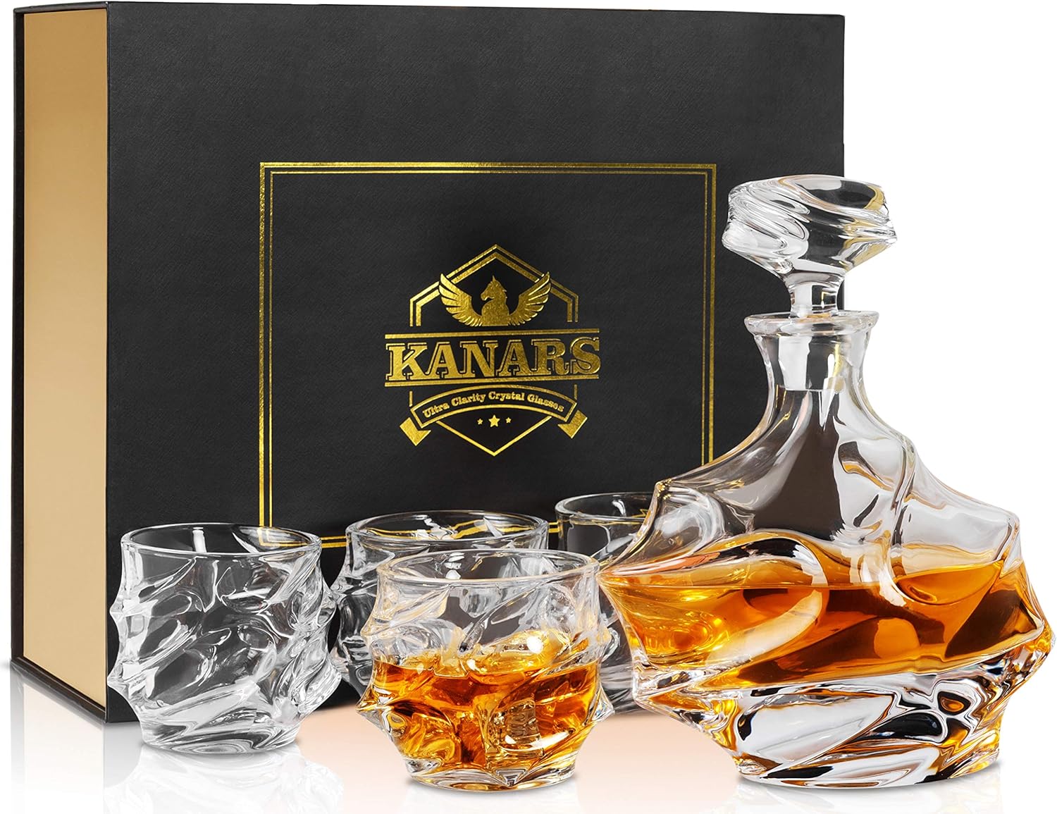 KANARS Crystal Whiskey Decanter Set, 27 Oz Emperor Decanter with Old Fashioned Glasses